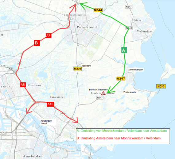 Omleidingsroute brug Broek in Waterland